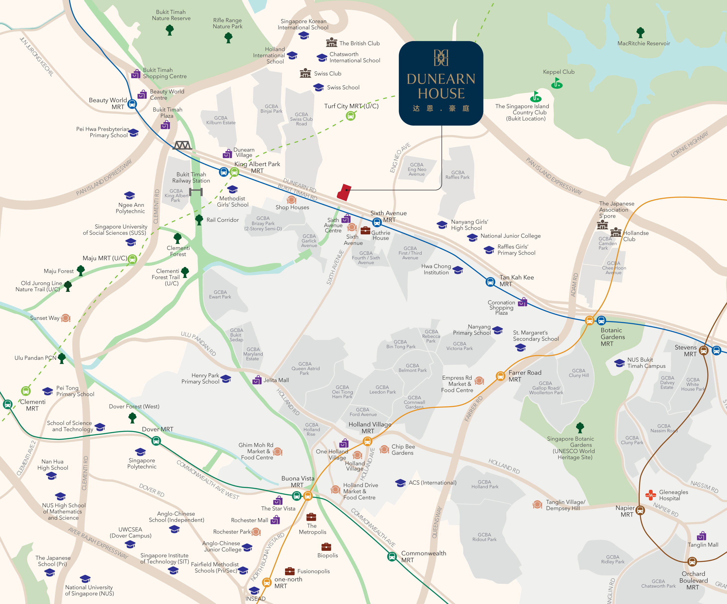 Dunearn House - connectivity map showing Turf City MRT under construction, Sixth Avenue MRT on the Downtown Line, and the surrounding schools and green spaces