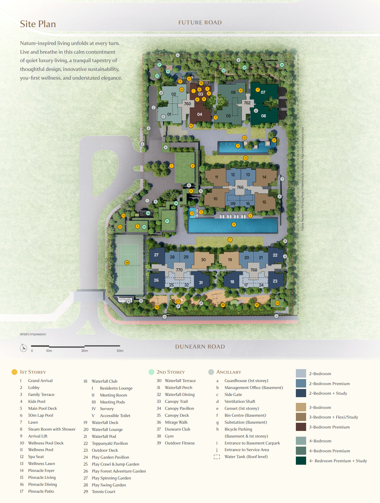 Dunearn House - site plan showing the facilities layout, the 50-metre lap pool, wellness pool, tennis court and the arrangement of the five residential blocks