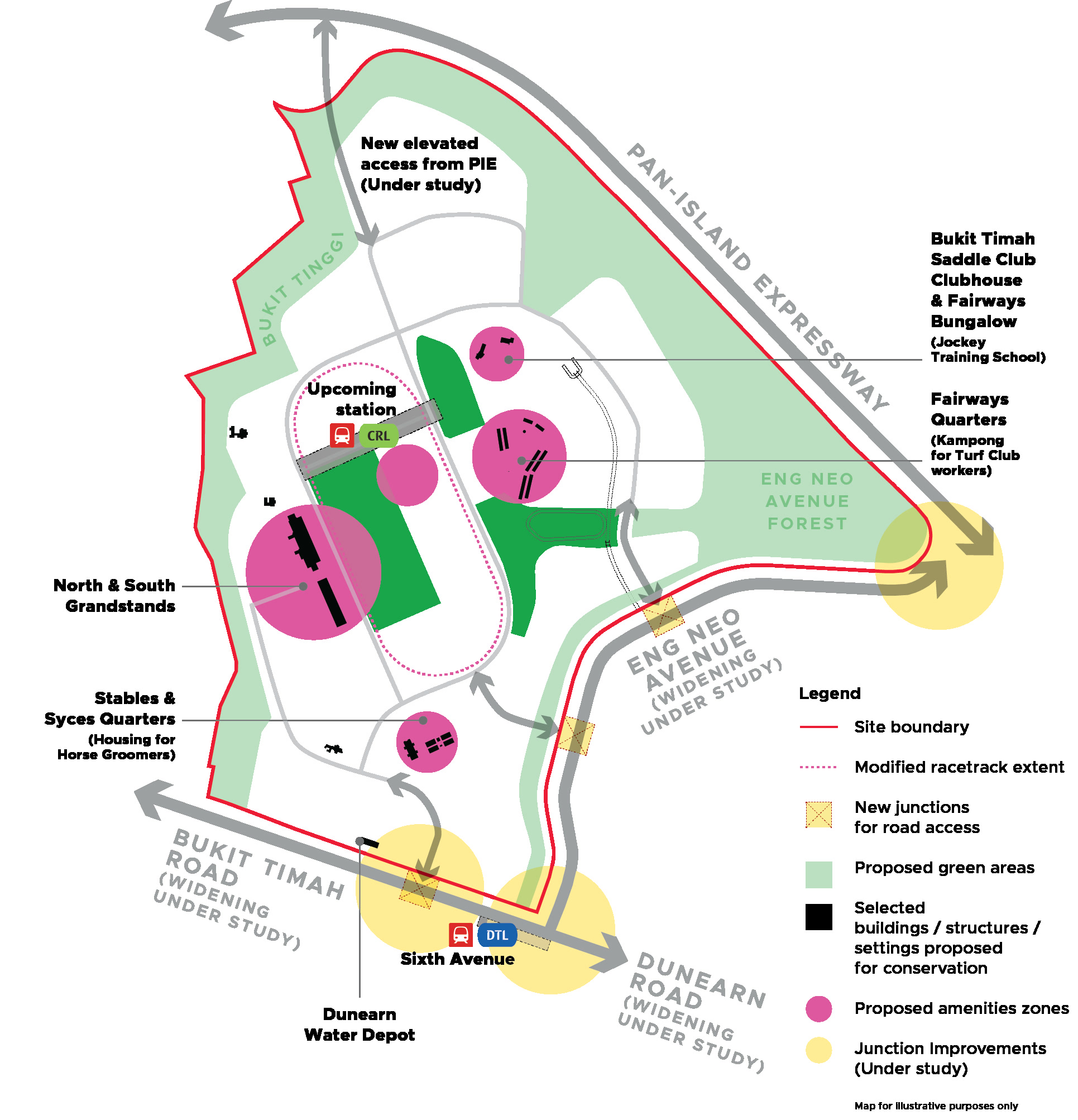Dunearn House - Bukit Timah Turf City URA master plan showing the site boundary, the conserved North and South grandstands, proposed green areas and the future Cross Island Line station
