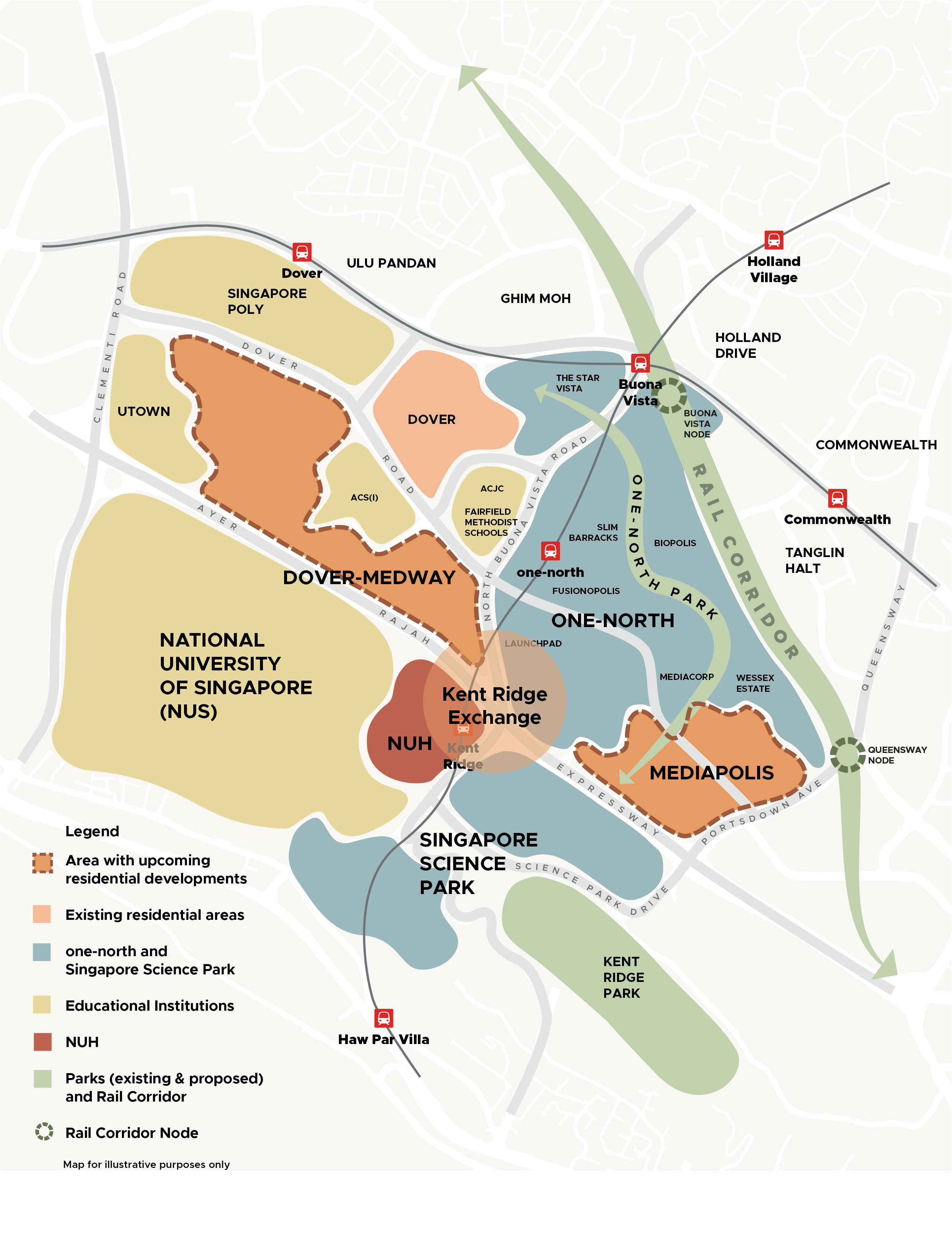 Hudson Place Residences - URA Master Plan 2025 illustrative map of the Greater one-north district, with the Mediapolis precinct (where Hudson Place sits, off Portsdown Avenue) marked as an area with upcoming residential developments, alongside one-north, Biopolis, Fusionopolis, Mediacorp, NUS and the Rail Corridor