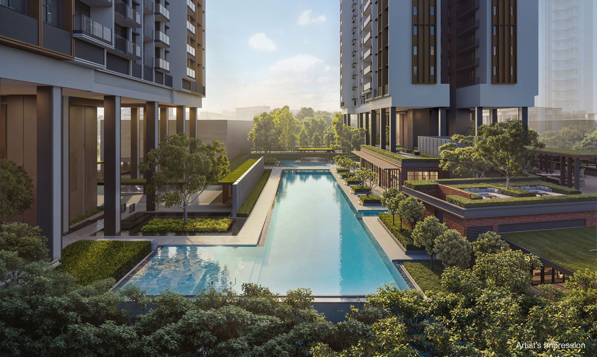 Hudson Place Residences - artist's impression of the 50 metre lap pool running between the two residential towers, flanked by the clubhouse and landscaped roof terraces