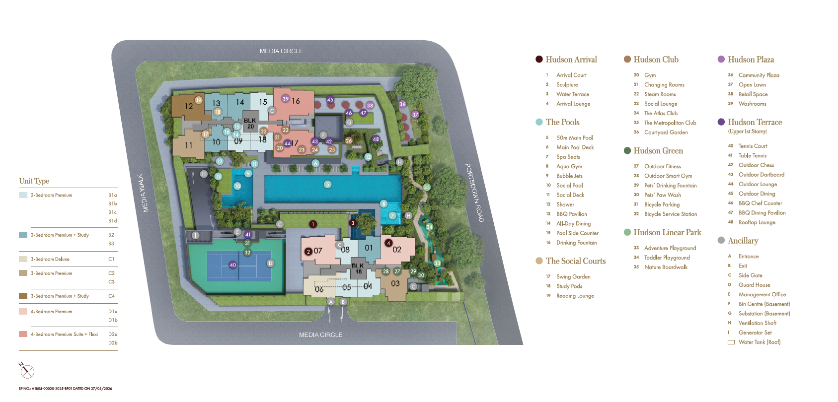 Hudson Place Residences - site plan showing the facilities layout across the two blocks, including the 50m Main Pool, tennis court, clubhouse zones and the level-one retail plaza, with a numbered legend