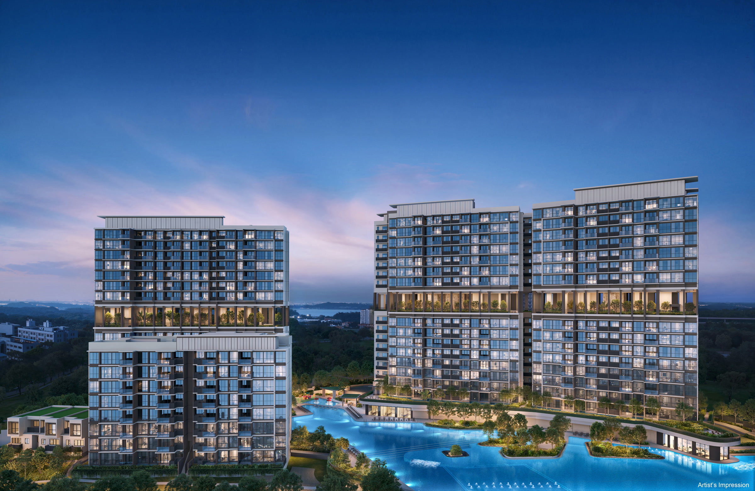 Lentor Gardens Residences - aerial artist's impression of the development at dusk, showing the two tower clusters and the resort lagoon pool