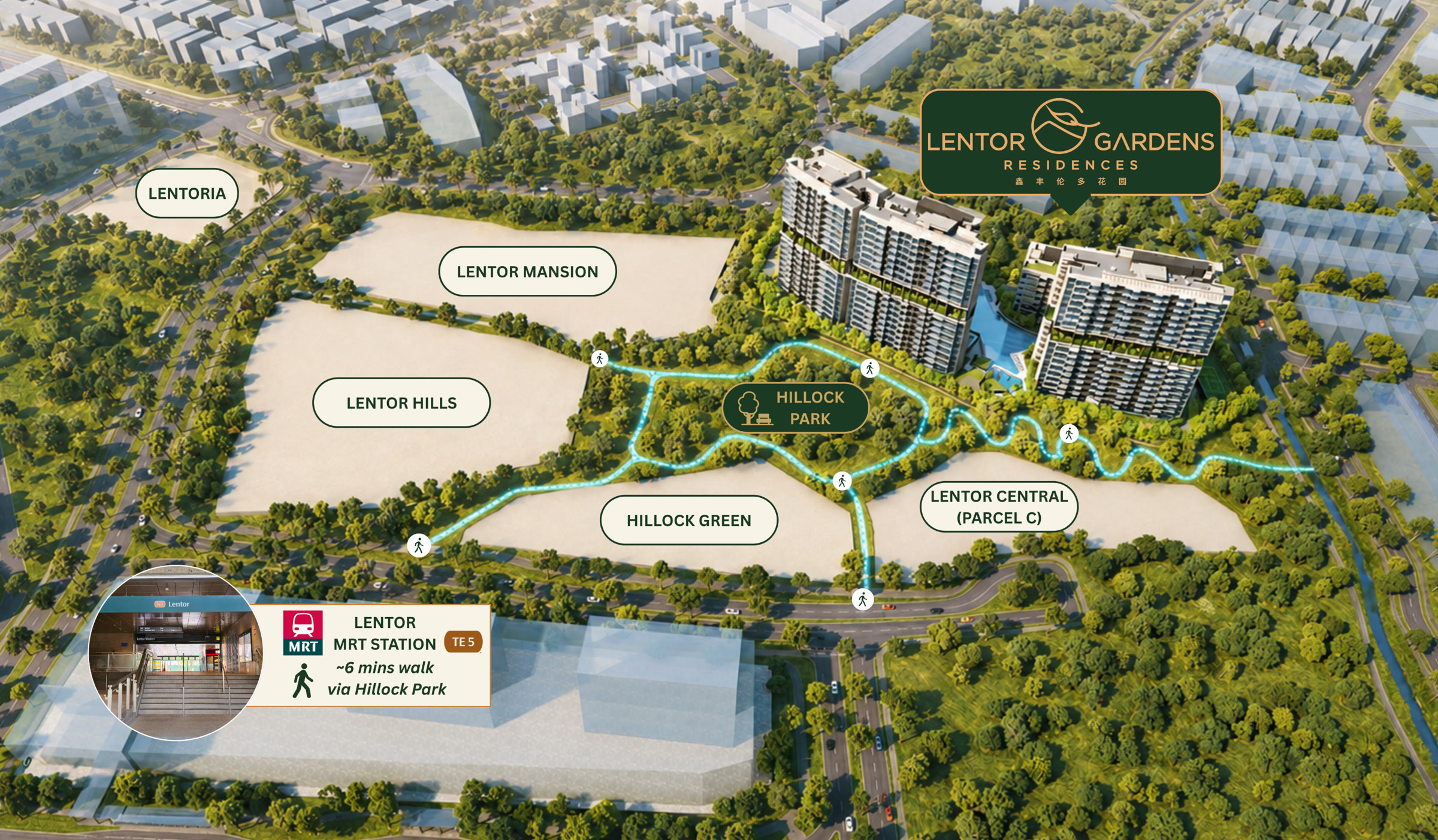 Lentor Gardens Residences - connectivity map showing the roughly 6 minute walk to Lentor MRT (TE5) via Hillock Park and the neighbouring Lentor developments
