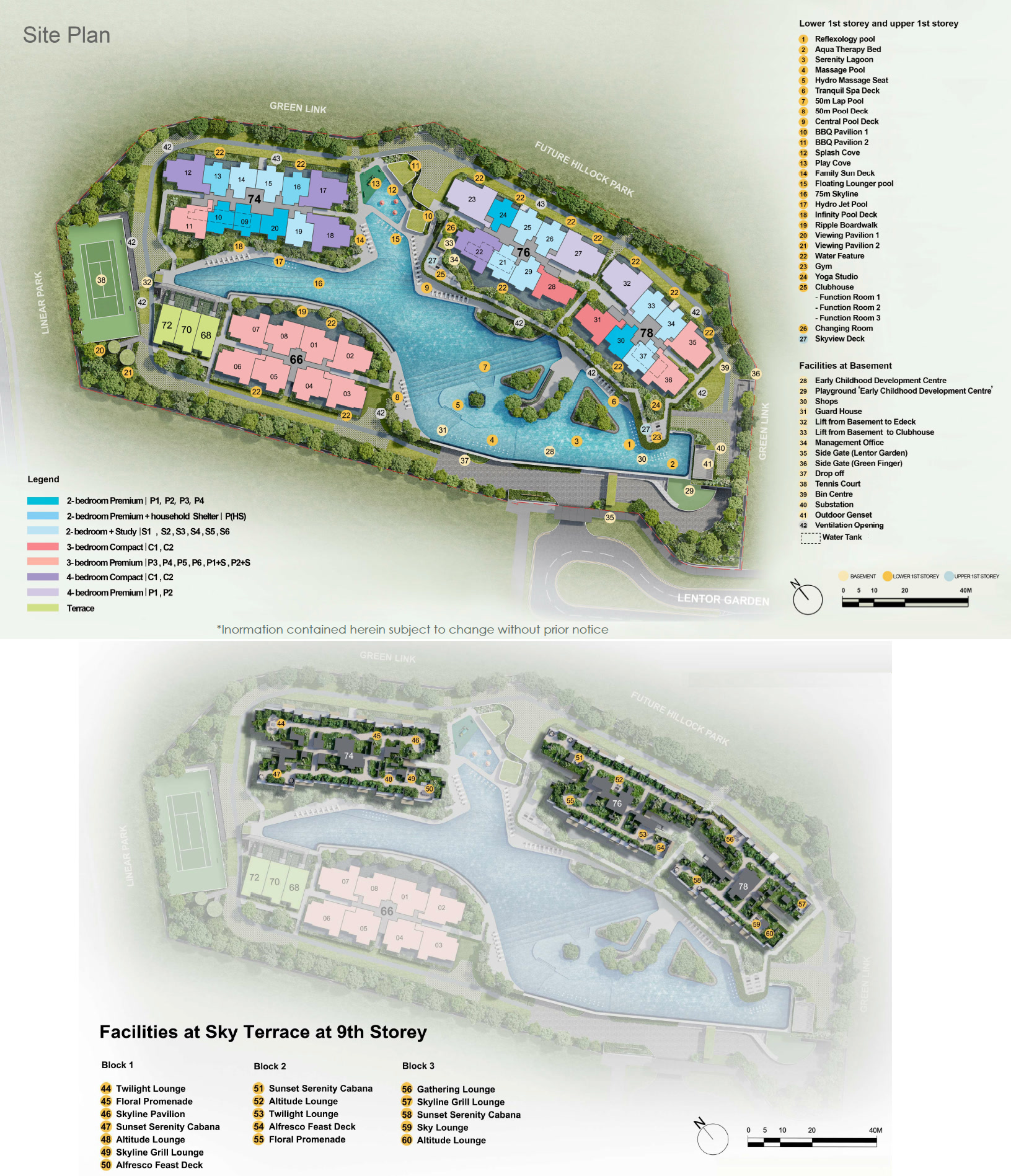 Lentor Gardens Residences - site plan showing the facilities layout around the central lagoon pool, with the additional Sky Terrace facilities on the 9th storey